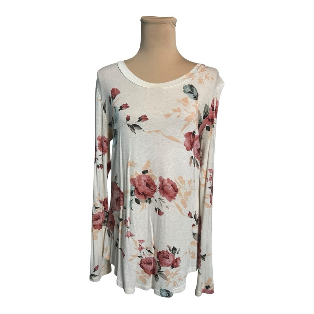 12 PM by Mon Ami Floral Long Sleeve Tee - Size S, White/Pink - Picture 4 of 14